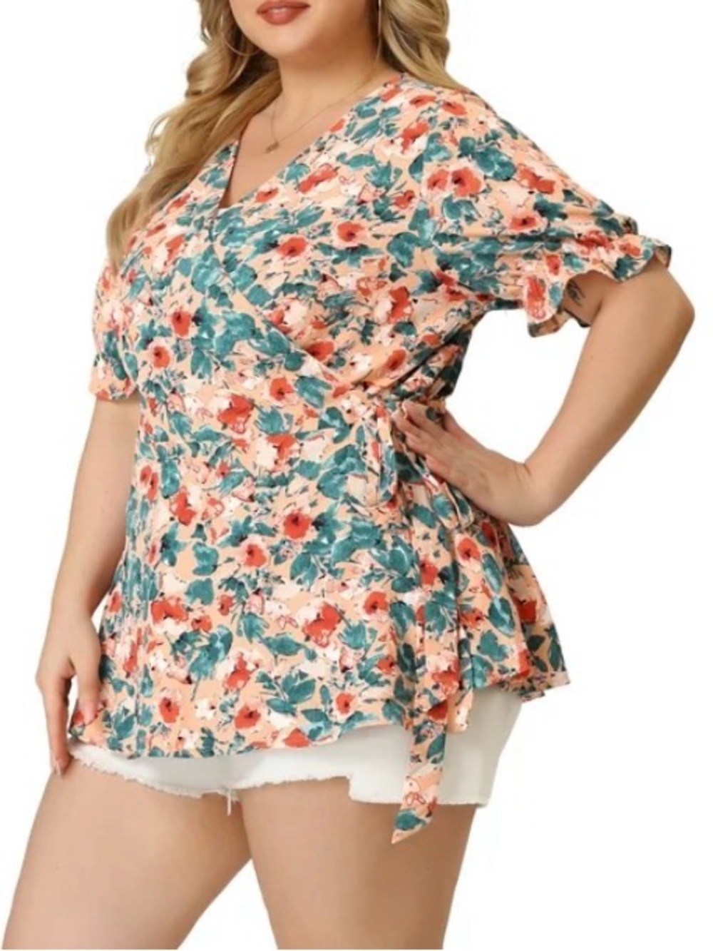 Plus Size Wrap Belted Tops Floral V-neck Ruffle Short Sleeve Peplum Blouse, 3X - Picture 3 of 15